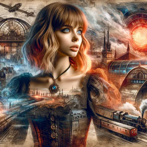 Prompt: vintage colored ink , medium profile angle, blue eyes, reddish-blonde bangs hair which covers her ears, in minidress, , double exposure.  , striking bright eyes , fantasy, fairytale, detailed ink, steampunk dynamic poster,   art on vintage paper , fantasy,  prismatic colors, close up   young red-blonde bangs hair steampunk woman in minidress and tights , Gare du Nord Paris , smoke,  train station landscape,  steampunk city,  night.  , mountains, red sun, dynamic pose, light on face, patchwork, stained glass,  storybook illustration, highly detailed unusual details, intricate, intricate pose, tiny details masterpiece, high quality, intricated lighting, gare du nord Paris, luminism, minidress
