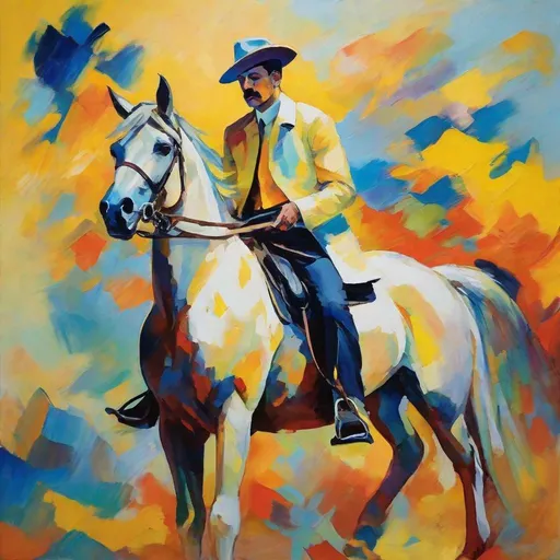 Prompt: Portrait man on horse, fauvism, bright colors expressive brushstrokes, backdrop soft yellow blue gradient