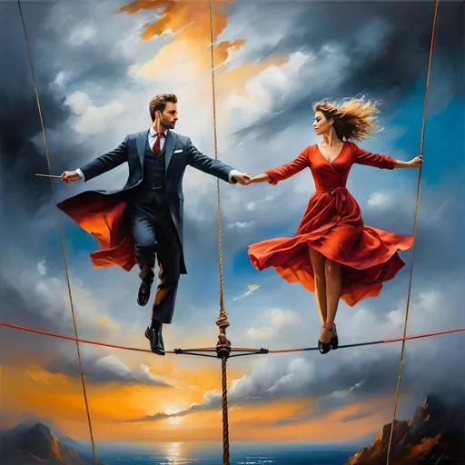 Prompt: <mymodel>Attractive man and woman balancing on a tightrope, dramatic tension, realistic oil painting, windy atmosphere, high quality, realistic, intense drama, vibrant colors, balanced lighting, detailed facial expressions, precarious balance, windy atmosphere, oil painting, dramatic tension, intense emotions