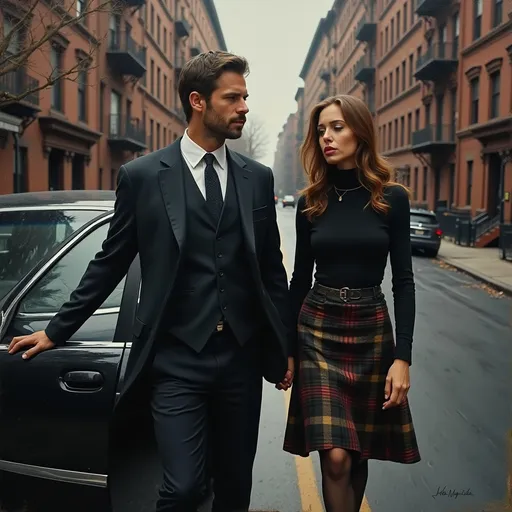 Prompt: In the oil painting style of Robert Maguire . A man in a three piece suit is getting into a limousine with a woman in a plaid skirt and turtleneck .  There are intense emotional feelings. New York City side street,  oil painting, desolate surroundings, HD detailed facial features, gritty realism, dark and somber tones, dramatic lighting, ultra-detailed, emotive, expressive faces, brownstone building in the background, reflective lighting, oil painting, desolate, gritty, dramatic lighting, somber tones, expressive faces