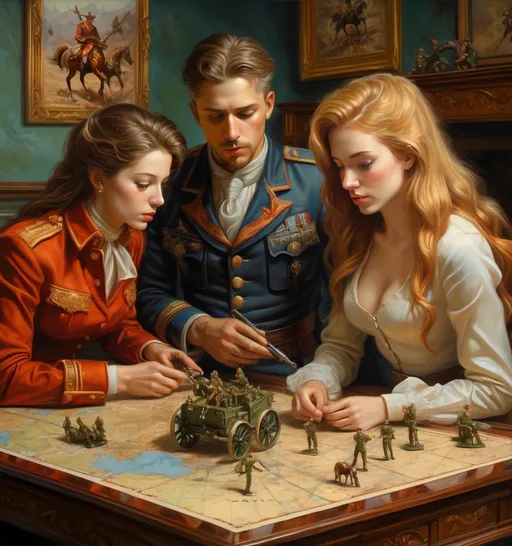 Prompt: (two men and two women playing with a toy soldiers which sit upon a World War Map), intricate (details of toy cannons and horses pieces scattered on the map), style of (Donato Giancola), (ultra-detailed oil painting), rich textures, dramatic lighting, a sense of playful nostalgia, elegant yet whimsical ambiance, showcasing vibrant colors against a beautifully crafted background, (fine art masterpiece).