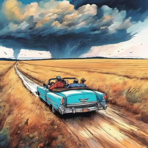 Prompt: (vibrant watercolor style), Four people, sitting in a (rustic vintage convertible car), (detailed expressions of excitement and fear), cornfields on either side of the open road, dynamic motion as the car speeds forward, looming (huge menacing tornado) in the distance, dramatic sky with swirling clouds, (highly textured details), atmospheric tension, warm golden and cool blue tones blending, (ultra-detailed), capturing a fleeting moment of imminent danger and adventure.