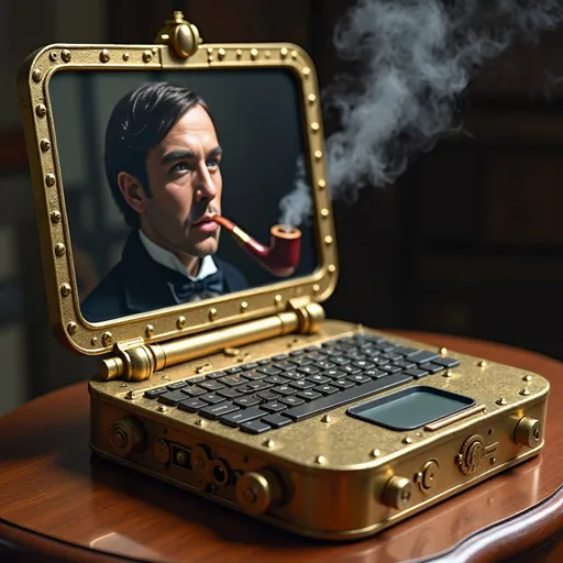 Prompt: Redesign a modern laptop computer as if it were invented in the Victorian era. The device should be made of polished brass and wood, with intricate gears and clockwork visible. Replace the keyboard with an array of tiny levers, buttons, and dials. Include a hand-crank on the side. Show the laptop, with a blurred background suggesting Sherlock Holmes’s face, he is smoking a pipe.