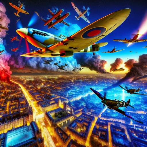 Prompt: Aerial wide shot of a surreal English Spitfire flying over London at night, air battle against German bombers, downward angle perspective, bright surreal colors, surrealism, World War 2, London Blitz, detailed aircraft, intense aerial combat, cityscape below, colorful cloudscape lit by spotlights, dramatic lighting, highres, surrealism, nighttime, historic, detailed city, warplanes, intense action, surreal atmosphere, epic battle