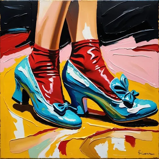 Prompt: thick impasto oil painting of a pair of empty 1970s women’s disco dance shoe, thick bumpy paint strokes