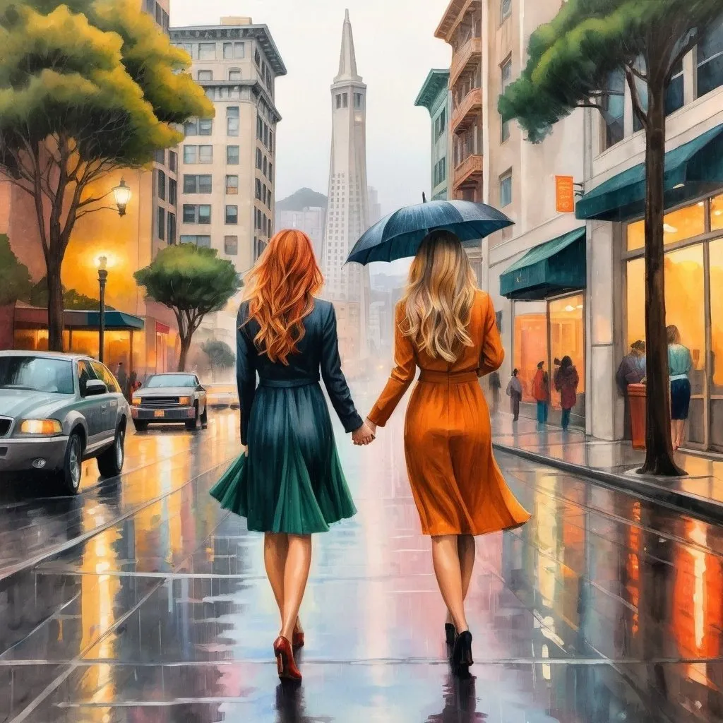 Prompt: Colored pencil drawing. Two woman friends, anime girls, in San Francisco near Coit Tower, 30s, under the rain, different color hair and different color dresses, a busy city street, warm lights, modern, inspiring, nostalgic, brush strokes, muted colors, textured canvas