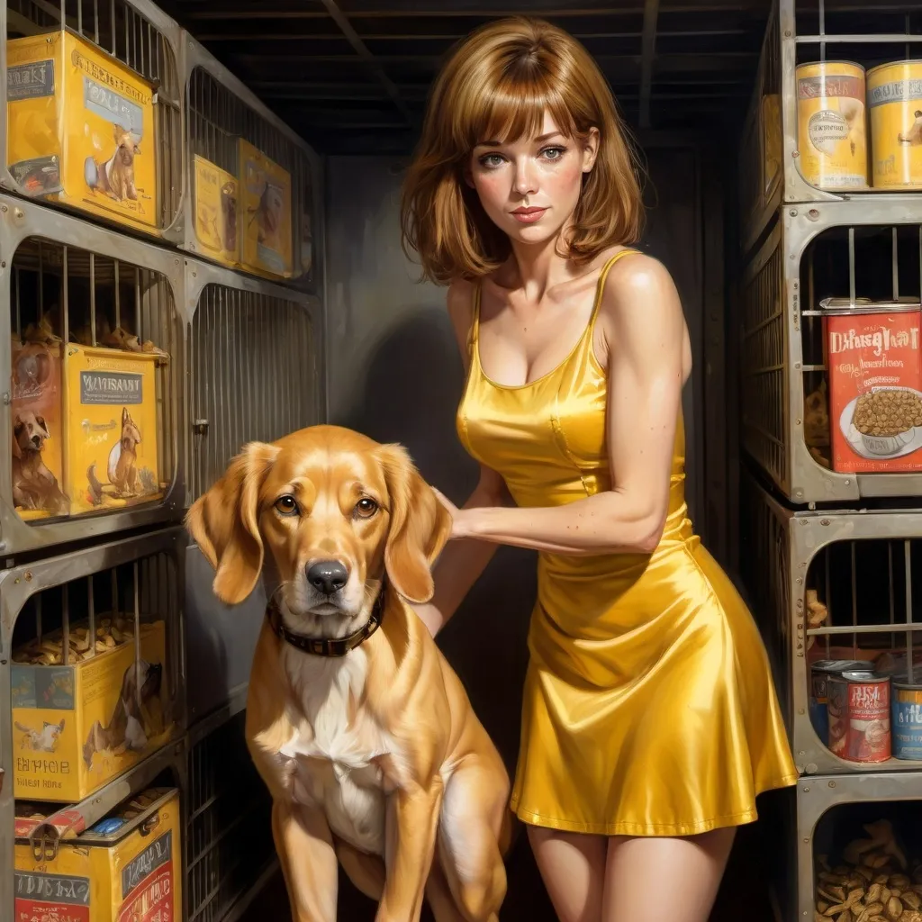 Prompt: Full body slight profile Oil painting illustration of  a mature 35 year old  golden brown bangs hair, 30s, small breasted, heavily freckled woman standing wearing a very short thigh-high yellow satin skater minidress with sophisticated upswept hairdo in a crowded pet shelter, holding a puppy, surrounded by dog food, dog crates, cozy beds, high-quality, RPG fantasy game style, detailed facial features, lively colors, warm lighting, crowded setting, expressive eyes, atmospheric, mature facial expression 