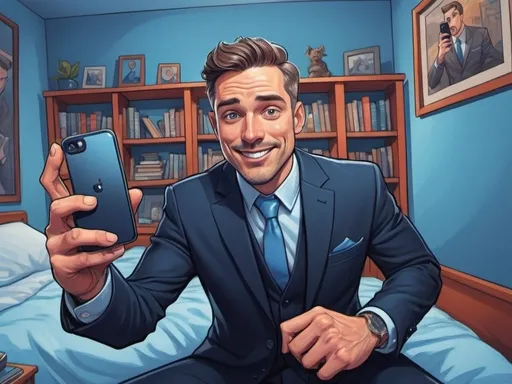 Prompt: Cartoon-style illustration of a man in a suit taking a selfie with a cell phone, blue bedroom wall, detailed facial features, modern cartoon, professional art, vibrant colors, playful lighting, high quality, detailed suit, cell phone, selfie, modern cartoon, detailed facial features, blue wall, vibrant colors, professional art, playful lighting