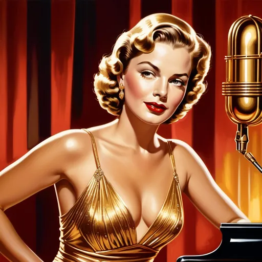 Prompt: Illustration of gold-clad tight low cut 1930s art deco gown Ingrid Bergman style chanteuse microphone at the piano, 1930s big band jazz style, realistic nightclub lighting, vibrant colors, one baritone sax player  lively atmosphere, detailed facial expression, professional art quality, vibrant colors, detailed facial expression, realistic lighting, red atmosphere, smoky, spotlighting 