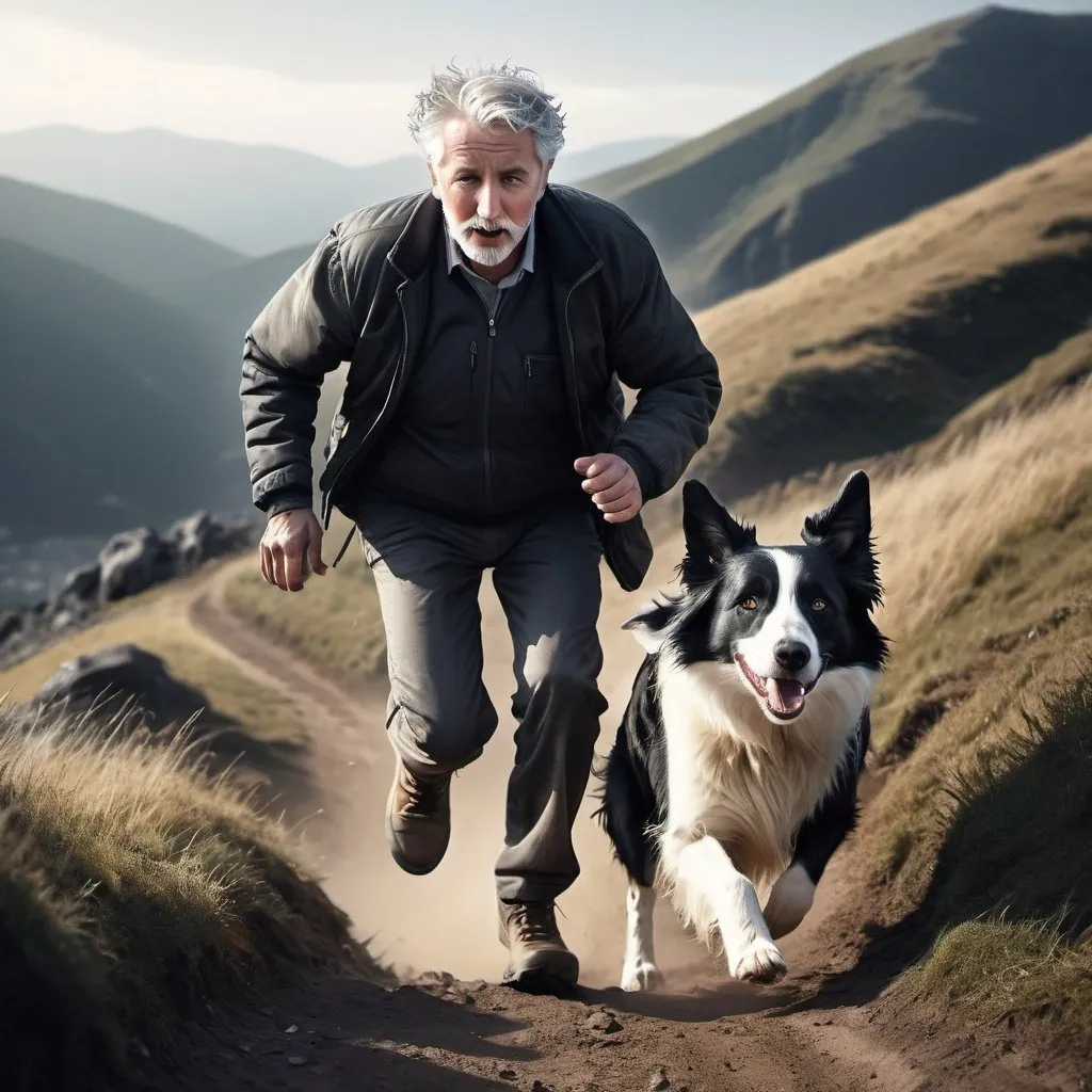 Prompt: Man with gray hair and beard and border collie dog running up a steep hill, extreme action pose, high contrast, dramatic lighting, photorealistic style, intense, realistic rendering, dynamic, raw