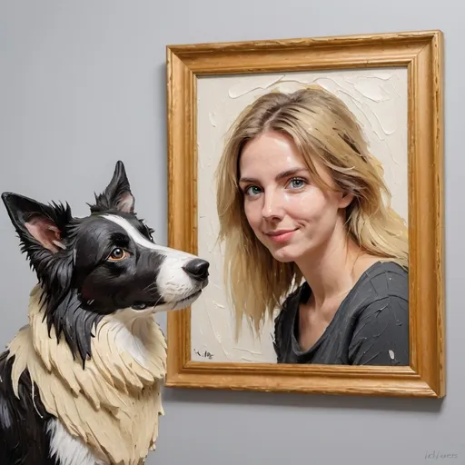 Prompt: Thick impasto oil painting of a skinny pointy-eared border collie, framed portrait of a friendly blonde hated woman, bumpy paint strokes, detailed fur texture, focused gaze, warm color palette, high quality, impasto oil painting, detailed eyes, canine art, thick paint texture, blonde woman portrait, friendly vibe, emotional connection, warm lighting, blonde haired woman