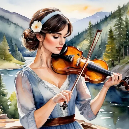Prompt: Watercolor portrait of a brunette playing violin, one hand on violin bow, deck of funky mountain cabin, mountain river view, short hair with bangs, headband, whimsical watercolor, natural lighting, serene atmosphere, high quality, watercolor, brunette, playing violin, funky mountain cabin, mountain river view, short hair, headband, whimsical, natural lighting, serene atmosphere, detailed, professional, atmospheric lighting