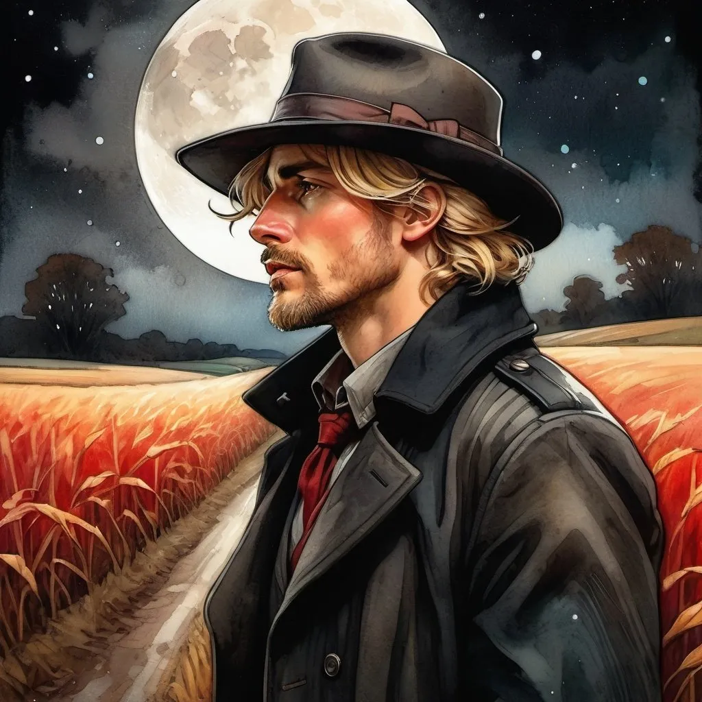 Prompt: Mixed media, red  and black tones, watercolor and colored pencils.   Unkempt blond hair man in profile, 30s, distressed coat and hat, walking on a moonlit cornfield country road at night, intense sadness, tearful emotions, high quality, dark and gritty, realistic style, moody lighting, high contrast, rural setting, detailed facial expression, dramatic pose, distressed suit, hat, moon lights casting a somber glow, intense emotions, realistic, rural, detailed facial expression, highres, moody lighting, dramatic pose