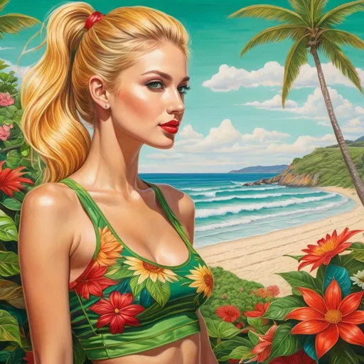 Prompt: Surreal beachside wooden promenade, golden blonde ponytail woman, 25, with deeply detailed facial features looks out at beach. She wears short tight floral skirt and floral tank top, drawn with colored pencils, vibrant colors, detailed pencil strokes, imaginative setting, high quality, colored pencil illustration, surreal, vibrant colors, detailed strokes, imaginative,  people, green tones, red accents, gold highlights, whimsical atmosphere, professional artistry