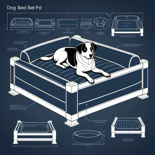 Prompt: Technical blueprint sketch of a dog bed (with dog sitting) , detailed line art, precise measurements, innovative design elements, various angles and components, clean layout, intricately labeled parts, minimalist style, monochromatic scheme, high-quality illustration, ideal for product conceptualization, suitable for professional presentations.