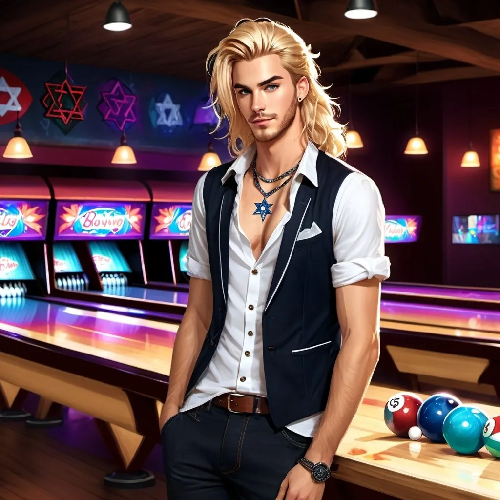 Prompt: A late night bowling alley venue. Slender early 20s blonde bartender man, lush auburn man bun hair, Star of David necklace, messy trashed late night bowling alley, game-rpg fantasy style, detailed character design, atmospheric lighting, urban fantasy, late-night setting, highres, detailed, fantasy, RPG, messy background, disheveled appearance, intense and dramatic lighting