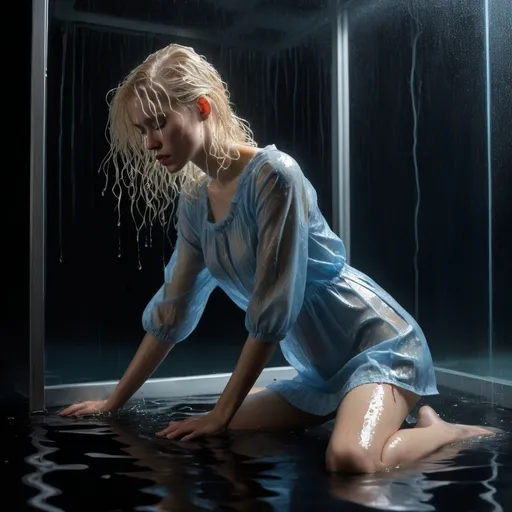 Prompt: (Full body) (in profile) slender blonde bangs Woman (wearing light blue, very short lightweight cotton thigh-high babydoll crew neck nearly transparent minidress) detailed facial expression (very wet hair) trapped in a (wet water-raining life-size water splashed glass cubicle), dark room with (black empty walls), emphasizing isolation and vulnerability, figurative art, inspired by F. Scott Hess, reflecting deep emotions, (naturally textured realistic skin), (soaking wet clothing), stylistically aligned with Milo Manara, dramatic lighting to cast intriguing shadows, high detail, evocative atmosphere. Cinematic lighting.