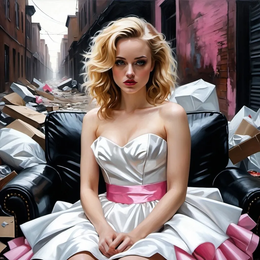 Prompt: A close up portrait of a Drunken blonde female who looks like Evan Rachel wood dressed in a ridiculous puffy white party dress with a pink sash. She is sitting in torn and distressed sofa chair, by a broken shattered TV and other trash, in a back alley, oil painting, desolate surroundings, gritty realism, dark and somber tones, dramatic lighting, ultra-detailed, emotive, expressive faces, urban trash filled alley, reflective lighting, oil painting, desolate, gritty, dramatic lighting, somber tones, expressive faces, puffy white party dress, pink sash