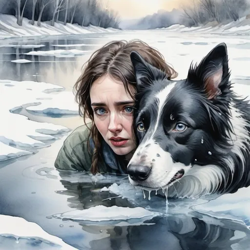 Prompt: <mymodel>Slender, pointy ears, border collie in action, watercolor, crying sad woman trapped in icy river, highres, detailed fur, emotional, watercolor painting, detailed eyes, icy river setting, traditional art, emotional lighting
