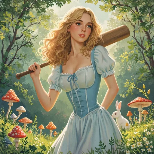 Prompt: In a captivating illustration, a 28 year old woman with flowing, wavy blonde hair holds a croquet mallet over her shoulder, her expression a blend of curiosity and contemplation. She is adorned in a vintage-inspired outfit featuring a pale blue bodice paired with puffed sleeves, which harmonizes beautifully with the vibrant background of lush greenery and an array of colorful mushrooms. Nestled among the foliage, a small, white rabbit peers out, adding an element of whimsy to the scene. The overall composition showcases a dreamlike quality, with soft lighting enhancing the rich color palette of greens, reds, and yellows, evoking a sense of tranquility and enchantment reminiscent of fairy tales. This artwork invites viewers to immerse themselves in a serene, magical world filled with both natural beauty and a hint of mystery.