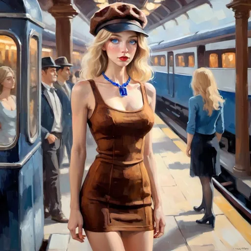 Prompt: Thick impasto oil painting with bumpy brushstrokes. Night. Stars lamplight. People standing on a art deco style train platform in Paris gtrain station . Suitcases beside her. woman in miniskirt. Suitcase Full body shot. Woman is  beautiful blonde haired with many freckles. Cool hat, wavy hair, raw photo. French train  in background.  Slender small-waist long legs, sad worried woman, two bright blue eyes, three quarter profile.  She wears very tight very short dress with square neckline, large sapphire necklace, natural textured skin, focus on her legs, natural color tights