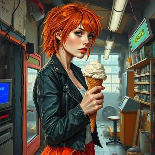 Prompt: thick impasto oil painting, thick bumpy paint strokes, (Bombed out ruined (computer store) in the near future ), (full-body portrait), 32 years old, green eyes, very slender thin woman in profile holding  large ice cream cone, action pose, sad smile, messy orange bangs hair, naturally textured skin, freckles,  loose and very short torn orange skirt and distressed black leather jacket  , (seen in profile lifting an ice cream cone ), vibrant color scheme, intricate dystopian elements, warm lighting, captivating ambiance, ultra-detailed, high quality, artistic flair.