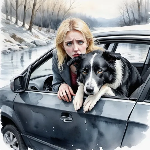 Prompt: <mymodel>Slender, pointy ears, black and white skinny border collie in action, watercolor, crying sad blonde woman trapped under crashed car is saved by dog.

highres, detailed fur, emotional, watercolor painting, detailed eyes, icy river setting, traditional art, emotional lighting