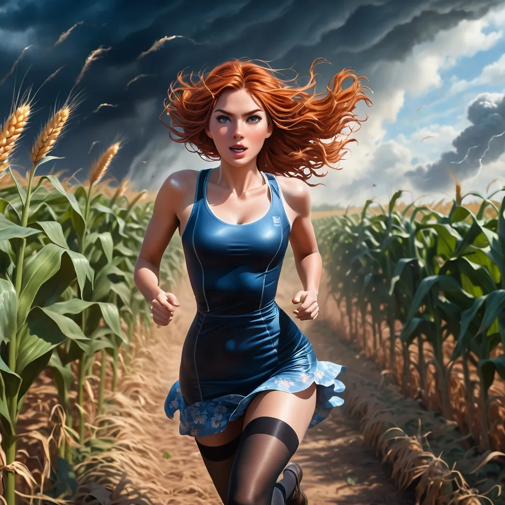 Prompt: Copper haired woman, 25,  running in cornfield, detailed facial expression, photorealistic, volumetric lighting, black tights, short floral minidress, tights, distant tornado, UHD facial features, UHD eyes, blue atmosphere, detailed portrait, determined expression, Kansas setting, photorealism, high quality, volumetric lighting, intense gaze, detailed clothing