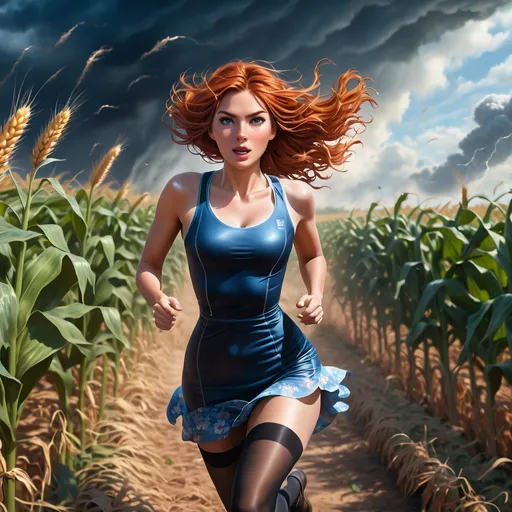 Prompt: Copper haired woman, 25,  running in cornfield, detailed facial expression, photorealistic, volumetric lighting, black tights, short floral minidress, tights, distant tornado, UHD facial features, UHD eyes, blue atmosphere, detailed portrait, determined expression, Kansas setting, photorealism, high quality, volumetric lighting, intense gaze, detailed clothing