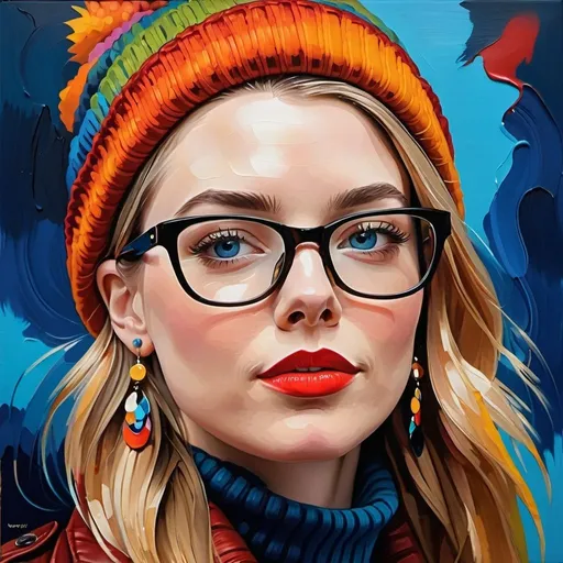 Prompt: Thick impasto oil painting of a hybrid face, Evan Rachel Wood and Anya Taylor Joy, turtleneck, beanie hat, earrings, confidence attitude, stylish glasses
, bumpy paint strokes, vibrant colors, exaggerated features, high texture, impressionistic, artistic, detailed eyes, whimsical atmosphere, professional, colorful lighting