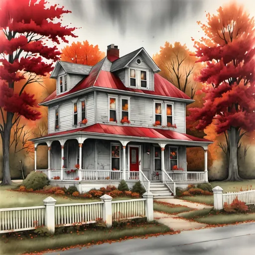 Prompt: Simple two-story gray house, worn and weathered, with red roof and red trim, overgrown foliage, fall colors, featuring a charming wraparound wood porch and elegant bow windows, surrounded by large leafy trees, set along the village two-lane blacktop Route 68 in Ohio, vibrant red and gray alcohol inks, warm natural tones, serene countryside ambiance, ultra-detailed with intricate textures, inviting and cozy atmosphere.