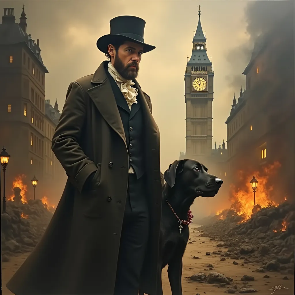 Prompt: <mymodel>Apocalyptic scene of a  survivor in Victorian clothing, and his dog, London landmarks destroyed, smoke and fire, detailed facial features, oil painting, desolate atmosphere, high quality, realistic, Victorian, post-apocalyptic, detailed clothing, smoky ambiance, destroyed landmarks, dramatic lighting, atmospheric, intense emotions, dynamic composition