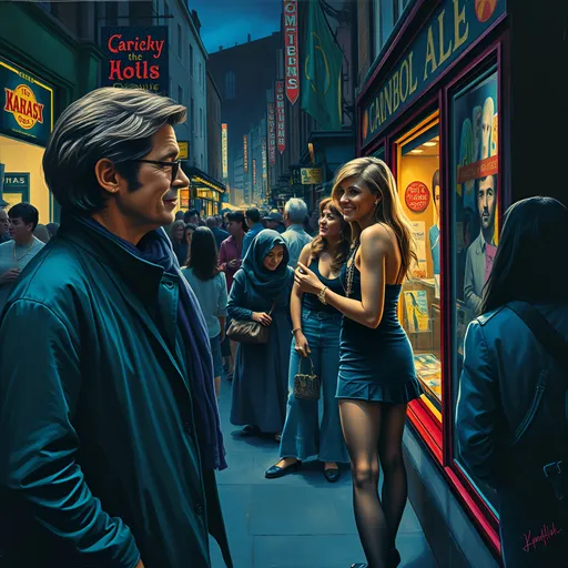 Prompt: (surrealism style full length portrait), (thick impasto oil painting art style), moody shadows, interesting color scheme, 1969 London crowded street with many people of all ages, sizes, Carnaby Street setting, colorful streets at night with colorful shops, focus on  a (highly detailed) man and two smiling women wearing 1969 hippie jewelry (women in very short op art short skirts and dresses with sheer black hose) seen in partial profile as they window shop, alluring compelling atmosphere, rich textures, visually captivating, (vibrant touches amid darkness), ultra-detailed, HD quality.