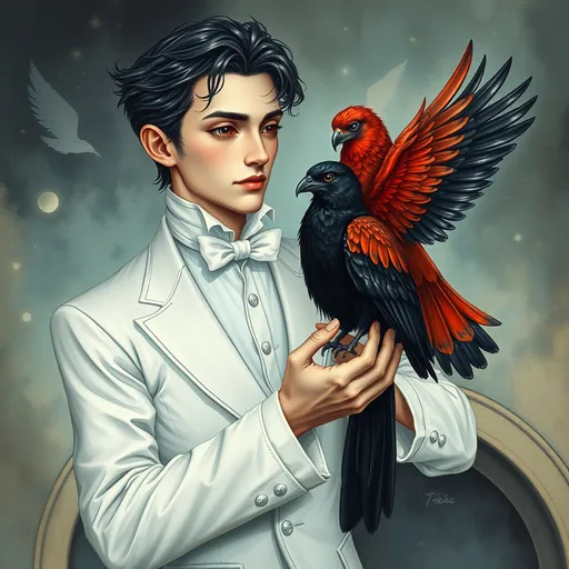 Prompt: (mystical artwork) a man in a (white suit) holding a (black bird) on his hand and a (red falcon) on his arm, gothic art elements, enchanting atmosphere, detailed expressions, intricate backgrounds, (storybook illustration style), soft contrasting colors, whimsical tone, captures a sense of mystery and fantasy, high-quality, ultra-detailed, pastel hues blending harmoniously.