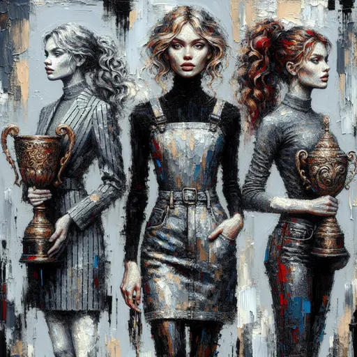 Prompt: "intense abstract profile three-quarter length portrait of long blonde curly hair slender confident woman in very short gray pinstriped minidress,  and sad mood dark redhead thick pigtail braids hair slender  Caucasian woman in tight denim jeans and tight turtleneck, both holding tall ornate trophies . breathtaking tactile texture impasto painting with rough, smooth, bumpy and scratchy surface of an abstract amateur. Tones of red and black