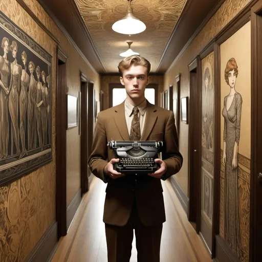 Prompt: (M.c.Escher inspired hallway), close up of a beautiful (Scottish) man with (pale brown hair, full body view) holding a vintage portable typewriter, walls adorned with (Burne-Jones inspired women artwork), (Milo Manara illustration style), intricate surreal architectural design, high depth color contrast, golden and brown tones, elegant and dramatic atmosphere, richly detailed background, ultra-detailed, 4K quality.
