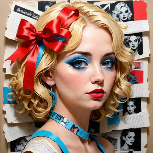 Prompt: (pop art painting) of a 30-year-old woman, (strikingly beautiful) with (blonde hair) and (piercing blue eyes), showcasing (heavy makeup, including mascara, eyeliner, and eyeshadow), surrounded by (overlapping newspaper pages and magazines), adorned with a (vibrant red ribbon around her neck), influenced by the styles of (Derek Gores) and (Tristan Eaton), (dynamic colors), (highly detailed), (creative composition), and capturing the essence of contemporary pop art.