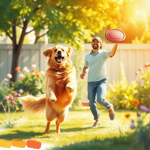 Prompt: (photorealistic) mid-shot of a 21 year old man joyfully playing with a large golden retriever in a sunlit yard, dynamic action as the dog leaps to catch a frisbee held by the man, impressionistic watercolor style, vibrant colors capturing the warmth of the scene, serene garden background with hints of blooming flowers, ultra-detailed, mood of happiness and playfulness, “Drew Tucker, private press” signature visible.