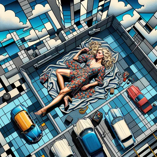 Prompt: Blend the surrealism of Salvador Dalí with the geometric abstraction of Piet Mondrian to depict an aerial view of a blonde woman in a leggy floral minidress lying on a blanket in the back of a pickup. Aerial viewpoint. Use Dalí's soft, drooping forms for a city parking lot  with cars that are liquefying, but render them in Mondrian's characteristic primary colors and black grid lines. The sky should be divided into rectangles of different shades of blue and white, with a few of Dalí's signature  clouds scattered about.