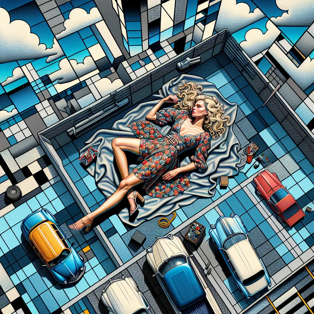 Prompt: Blend the surrealism of Salvador Dalí with the geometric abstraction of Piet Mondrian to depict an aerial view of a blonde woman in a leggy floral minidress lying on a blanket in the back of a pickup. Aerial viewpoint. Use Dalí's soft, drooping forms for a city parking lot  with cars that are liquefying, but render them in Mondrian's characteristic primary colors and black grid lines. The sky should be divided into rectangles of different shades of blue and white, with a few of Dalí's signature  clouds scattered about.