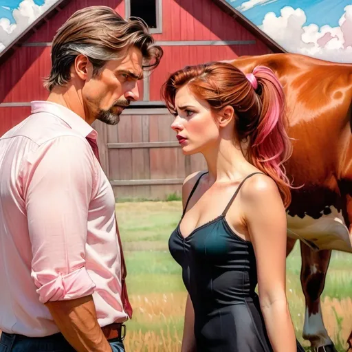 Prompt: Colored pencils, mixed media, gouache, watercolor, ink. Pastel tones. A man and a woman argue, angry, violent emotions. Farm. Red barn. Intense emotions. Full body shot. Man is worried, tall, brown hair, 45. Woman is worrying beautiful very short spikey pink ponytail haired with freckles. raw photo. Look at each other with anger and concern. Red barn  in background.  Slender small-waist long legs, upset worried woman, two bright blue eyes, three quarter profile, cows.  She wears a flared, very short black minidress,  natural textured skin, high-quality, detailed, realistic, , atmospheric lighting, cows in background.