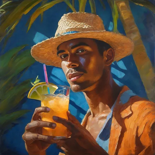 Prompt: Man in 20s wearing straw hat, holding tropical drink, expressionism, vibrant use of light and shadow, highres, detailed eyes, impressionistic, dark orange, blue, vibrant lighting