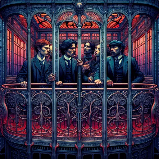 Prompt: (four people jammed into a European cage elevator), art nouveau style, expressionism, vibrant color scheme, dark red, blue, vibrant use of light and shadow, detailed facial features with intense expressions, melancholic atmosphere, intricate detailing on the elevator cage with elegant, curved lines, moody lighting creating strong contrast, ultra-detailed, high resolution, 4K quality, complex backgrounds with ornate architectural elements