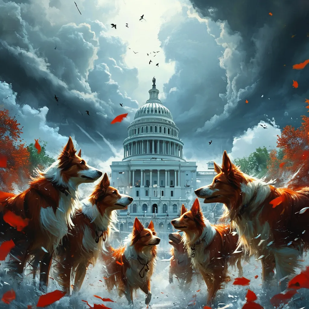 Prompt: (bird’s-eye view), group of (red border collies), (fantasy style), (dark color scheme), chaotic energy, stormy atmosphere, dramatic clouds swirling above, intricate detailing on Capitol building, ominous shadows, sense of revolutionary fervor, dynamic composition, showcasing movement and urgency, (high definition), captivating and immersive experience.