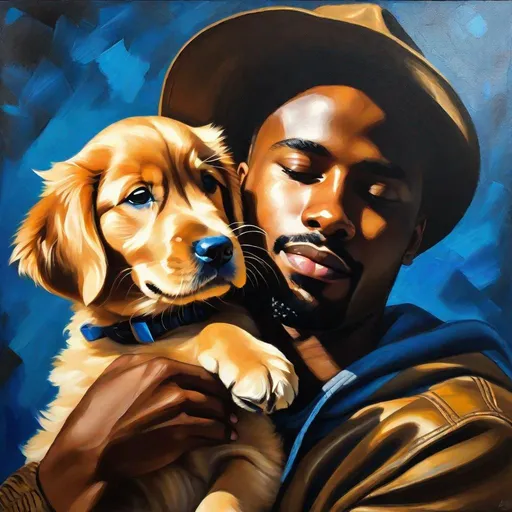 Prompt: African American man holding golden retriever puppy, expressionism, vibrant use of light and shadow, dark gold blue, high contrast, intense emotions, oil painting, detailed features, best quality, highres, vibrant color palette, expressionism, intense emotions, dark gold blue, vibrant lighting and shadows, detailed facial features, realistic, emotional connection with the puppy