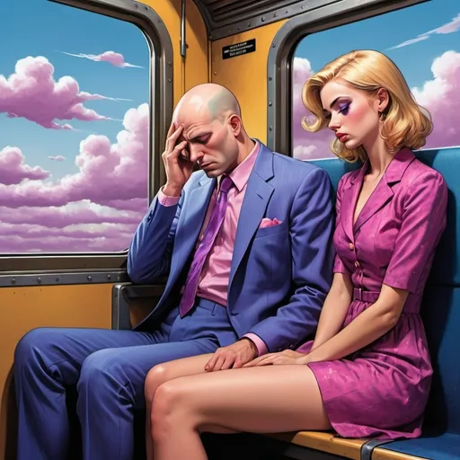 Prompt: (Sleeping bald man in suit) (Sad weeping wistful blue-eyed woman), (her makeup and mascara and eyeshadow messy) (man and woman sitting in a train compartment), (she wears very short tight pink and purple skater leggy thigh-high mini dress), passenger train, sun and clouds illuminating the scene, (comic book art), (comic book panel), vibrant colors, dramatic shadows, train compartment setting, dynamic angles, high contrast, ultra-detailed, capturing a playful yet sad vibe.