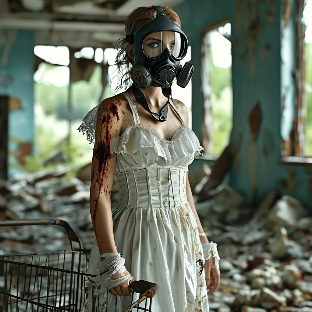 Prompt: (mostly realistic style), post-apocalyptic female survivor, (distressed tattered white wedding dress), gas mask, legs with radiation burns, shopping cart, exploring a shattered ladies dress shoppe, gritty textures, (muted colors), abandoned clothes scattered around, haunting atmosphere, eerie shadows, (4K), ultra-detailed, emotionally charged scene, remnants of former elegance.