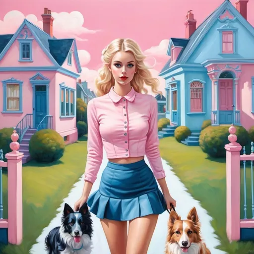 Prompt: Dreamlike, surrealistic illustration of a blonde pigtails woman in a short tight miniskirt, 30, walking her blue border collie, past some pink Victorian houses, oil painting, whimsical atmosphere, pastel colors, detailed facial features, surreal, dreamlike, vintage vibe, whimsical lighting