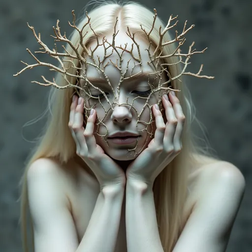 Prompt: a pale blonde longhair woman with her face covered in cracked branches, with her hands on her face, and her eyes closed, Dirk Crabeth, concrete art, surreal photography, a marble sculpture