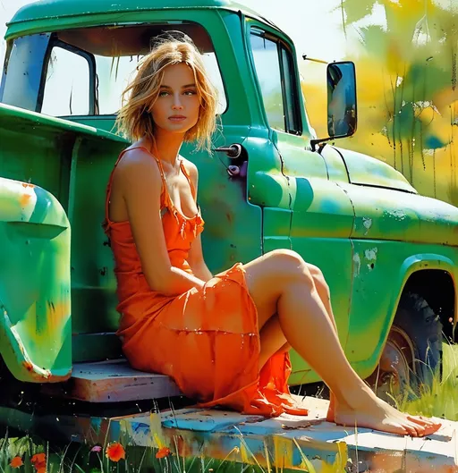 Prompt: <mymodel> (woman sitting on a truck door), (short dress), (legs crossed), vibrant green truck, colorful inks, (watercolor style of Steve Hanks), loose brush strokes, soft textures, whimsical feel, (figurative art), breezy atmosphere, bright sunlight, serene background, (promotional image), ultra-detailed, high quality.